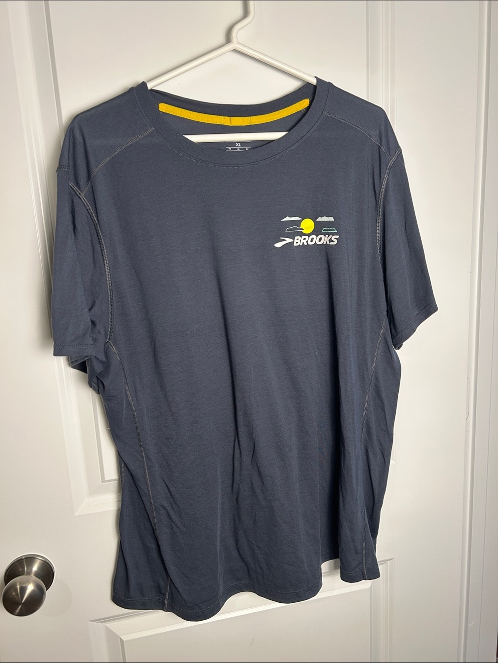 Brooks Navy Short-Sleeve Running Tee with Yellow Accent
